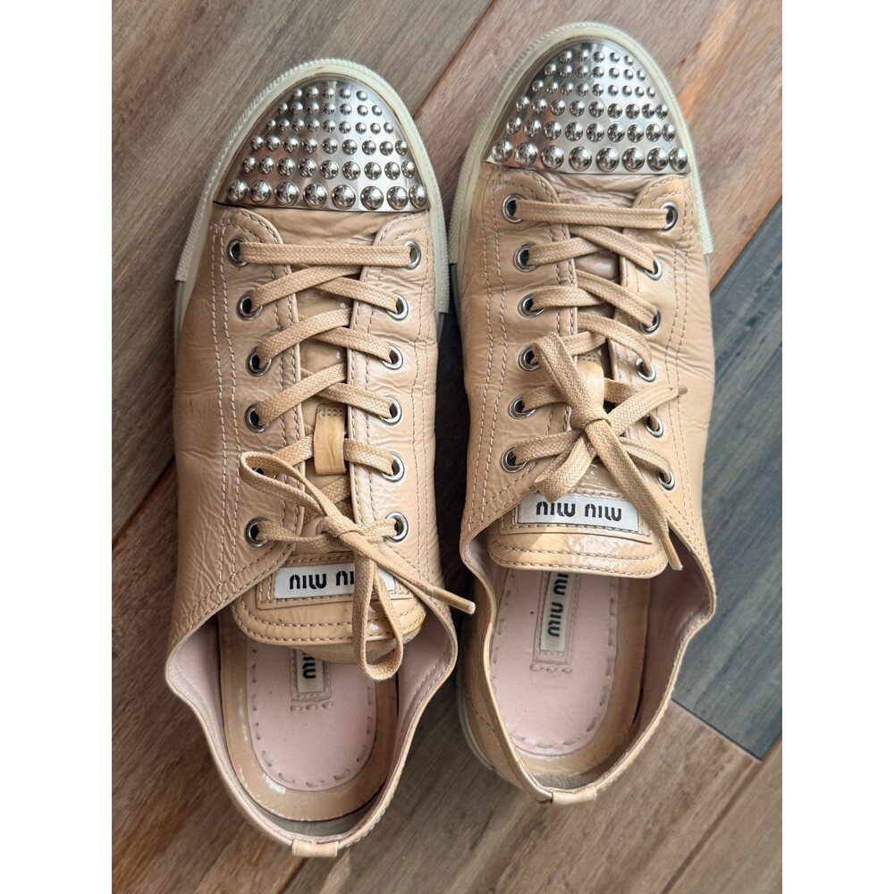 Authentic Miu Miu 5E8139 Nude Patent Leather Studded Cap Toe Sneakers US 8.5